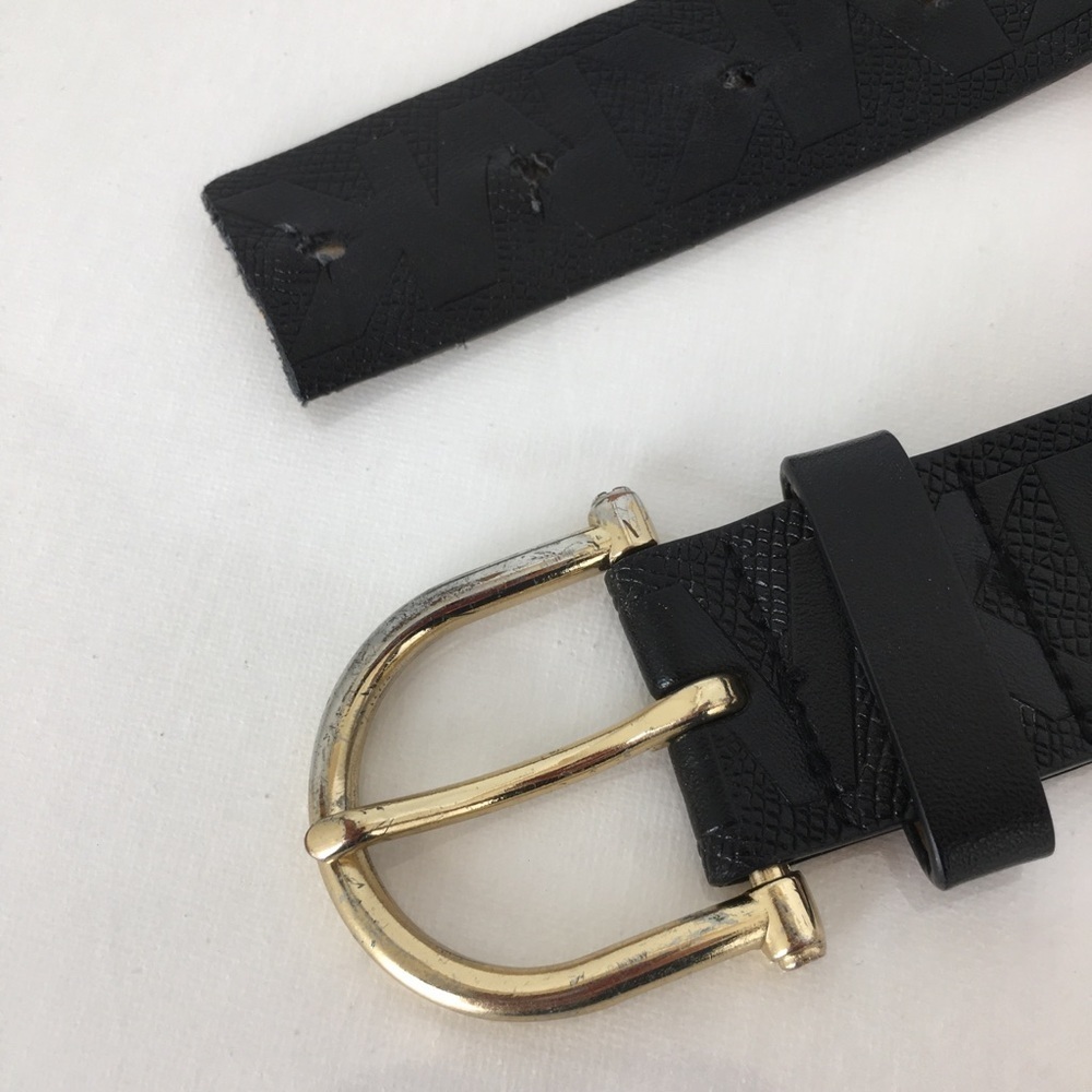 Michael Kors Black Leather Monogram Belt Gold Tone Metal Horseshoe Buckle Size S - Picture 4 of 10